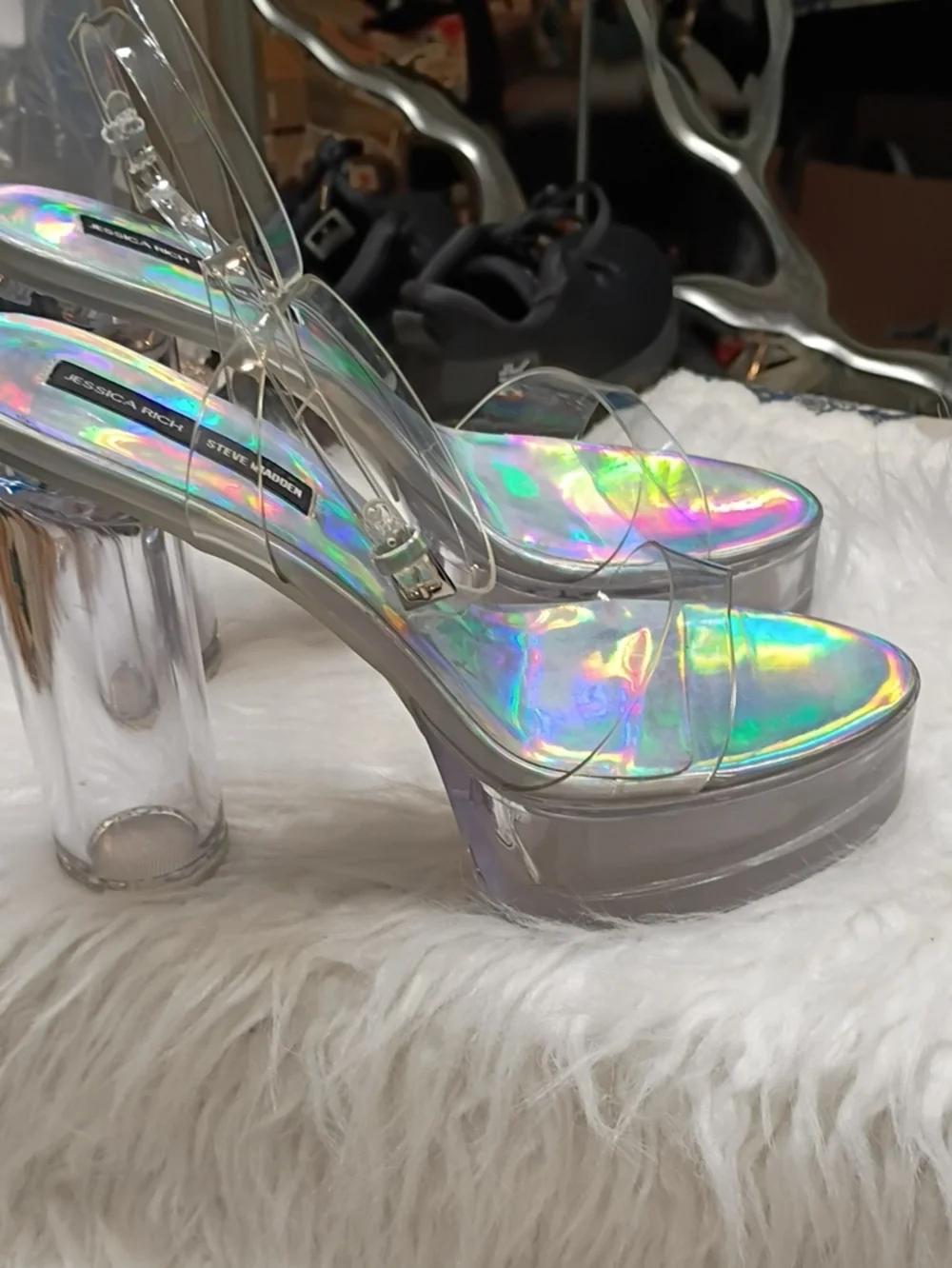 New Steve Madden Jessica Rich Iridescent Clear Platform Heels - Holographic 9.5M